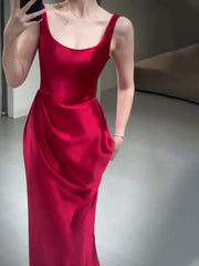 Pretty A line Straps Red Satin Long Floor Length Prom Dresses