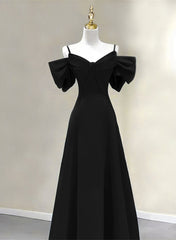 Pretty Black A-line Long Party Dresses, Black Floor Length Prom Dresses Evening Dresses