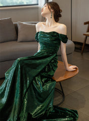 Pretty Green Off Shoulder Simple Evening Dresses, Green Long Prom Dresses