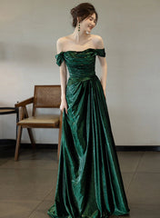 Pretty Green Off Shoulder Simple Evening Dresses, Green Long Prom Dresses