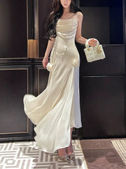 Pretty Mermaid Spaghetti Straps White Satin Prom Dresses Long Evening Gowns