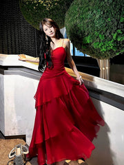 Pretty Sheath Spaghetti Straps Red Long Length Chiffon Prom Dresses Evening Gowns Birthday Dresses