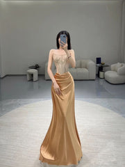 Pretty Sheath Strapless Neckline Sleeveless Evening Dresses Gold Satin Prom Dresses