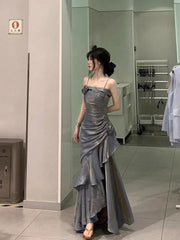 Pretty Sheath Straps Sleeveless Evening Dresses Gray Long Ruffles Prom Dresses