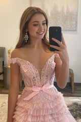 Princess A Line Off the Shoulder Light Pink Long Prom Dress with Ruffles