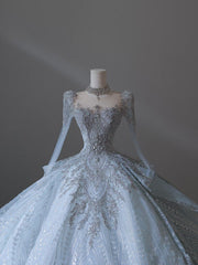 Princess Ball Gown Scoop Neckline Long Sleeves Sequin Light Sky Blue Long Wedding Dresses Brides Dresses