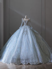 Princess Ball Gown Scoop Neckline Long Sleeves Sequin Light Sky Blue Long Wedding Dresses Brides Dresses