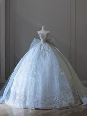 Princess Ball Gown Strapless Neckline Long Sequin Light Sky Blue Long Wedding Dresses Brides Dresses