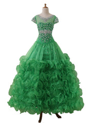 Princess Green Child Pageant Party Dresses Beaded Cap Sleeve Kids Flower