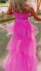 Princess Hot Pink Long Prom Dresses Layered Tulle Sleeveless Corset Gown,Evening Dresses