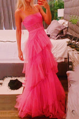 Princess Hot Pink Long Prom Dresses Layered Tulle Sleeveless Corset Gown,Evening Dresses