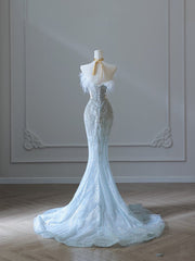 Princess Mermaid Strapless Neckline Long Sequin Light Sky Blue Long Wedding Dresses Brides Dresses