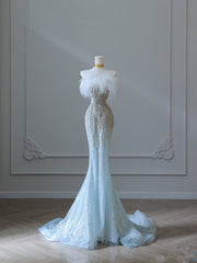 Princess Mermaid Strapless Neckline Long Sequin Light Sky Blue Long Wedding Dresses Brides Dresses