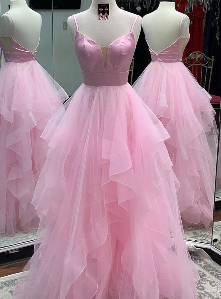 Princess Pink Tulle Spaghetti Straps Prom Dress