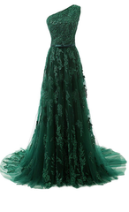 Forest Green Prom Dresses, Lace Tulle Floor Length Prom Dresses Featuring One Shoulder Bodice With Bow Accent Belt