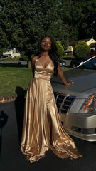 A Line V Neck Gold Prom Dresses, Sleeveless Satin Long Prom Dresses