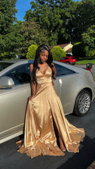 A Line V Neck Gold Prom Dresses, Sleeveless Satin Long Prom Dresses