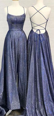 Unique Backless Long Prom Dresses Navy Blue Evening Dresses