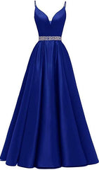 A-line Royal Blue Prom Dresses, Satin Prom Dresses With Beading