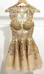 Hot A Line Jewel See Through Tulle Short Gold Homecoming Dresses