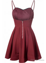 Simple A Line Spaghetti Straps Satin Burgundy Short Prom Dresses