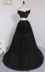 Two Pieces A-line V-neck Cap Sleeves Tulle Lace Slit Long Women Prom Dresses Prom Evening Gown