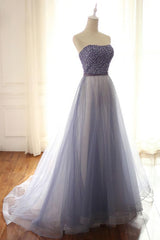 Stylish A Line Strapless Tulle Long With Beading Prom Dresses