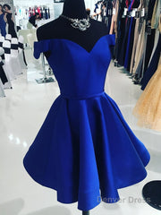 A Line Off The Shoulder V Neck Cheap Royal Blue Short Knee Length Taffeta Dc07 Prom Dresses