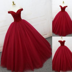 Red Ball Gown Prom Dresses, Elegant Off Shoulder Prom Dresses, Long Evening Dresses