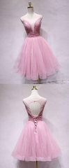 Spark Queen Pink Tulle Sequin Short Prom Dresses, Pink Homecoming Dresses