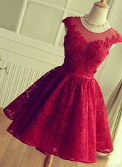 A Line Crew Cap Sleeves Red Lace Homecoming Dresses With Appliques