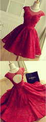 A Line Crew Cap Sleeves Red Lace Homecoming Dresses With Appliques