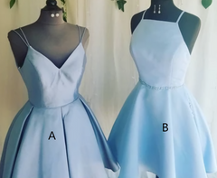 A Line V Neck Light Sky Blue Short Homecoming Dresses With Pleats