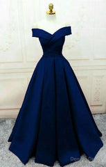 Navy Blue Party Gown Simple Satin Long Prom Dress