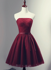 Beautiful Burgundy Knee Length Lace Up Tulle Party Dresses, Homecoming Dresses, Short Prom Dresses