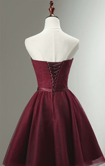 Beautiful Burgundy Knee Length Lace Up Tulle Party Dresses, Homecoming Dresses, Short Prom Dresses