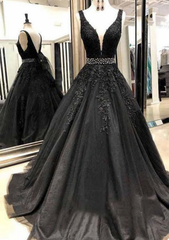 Black Appliques Prom Dresses With Beaded Waist A Line Tulle Long Graduation Dresses