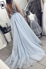 Light Blue A Line V Neck Backless Beaded Top Tulle Long Prom Dresses, Backless Light Blue Formal Dresses, Evening Dresses