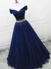 Dark Blue Beaded Tulle A Line Party Dresses, Long Prom Dresses