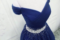 Dark Blue Beaded Tulle A Line Party Dresses, Long Prom Dresses