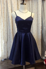 Simple Navy Blue Satin A Line V Neck Short Prom Dresses, Homecoming Dresses