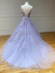 Long Backless Lavender Lace Prom Dresses