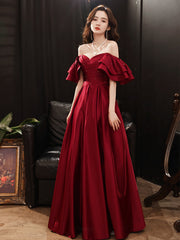 Dark Red Satin Style Off Shoulder Long Prom Dresses, A-line Long Formal Dresses