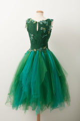 Unique V Neck Green Tulle Lace Short Prom Dresses, Green Homecoming Dresses