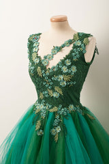 Unique V Neck Green Tulle Lace Short Prom Dresses, Green Homecoming Dresses