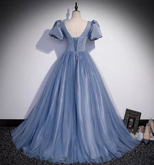 Blue Tulle Long Prom Dresses, A Line Evening Gown