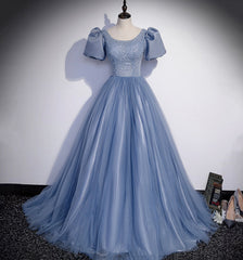 Blue Tulle Long Prom Dresses, A Line Evening Gown