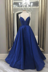 Blue Satin Long Prom Dresses, A Line Prom Dresses