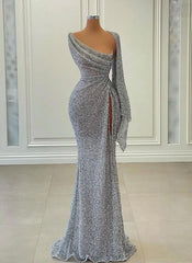 One Shoulder Sequins Slit Prom Dress