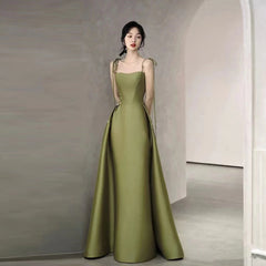 Simple A Line Straps Dark Green Satin Prom Dresses